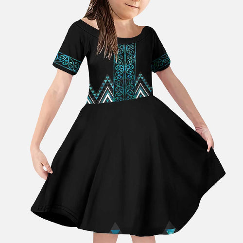 Paua Shell Aotearoa Mangopare Kowhaiwhai and Niho Taniwha Family Matching Off The Shoulder Long Sleeve Dress and Hawaiian Shirt Maori New Zealand