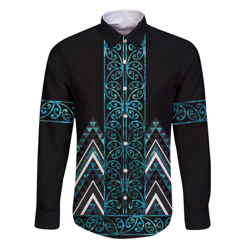 Paua Shell Aotearoa Mangopare Kowhaiwhai and Niho Taniwha Family Matching Off The Shoulder Long Sleeve Dress and Hawaiian Shirt Maori New Zealand