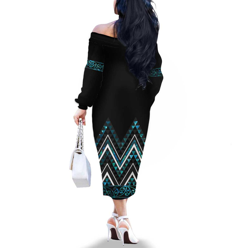 Paua Shell Aotearoa Mangopare Kowhaiwhai and Niho Taniwha Family Matching Off The Shoulder Long Sleeve Dress and Hawaiian Shirt Maori New Zealand