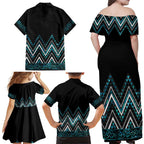 Paua Shell Aotearoa Mangopare Kowhaiwhai and Niho Taniwha Family Matching Off Shoulder Maxi Dress and Hawaiian Shirt Maori New Zealand