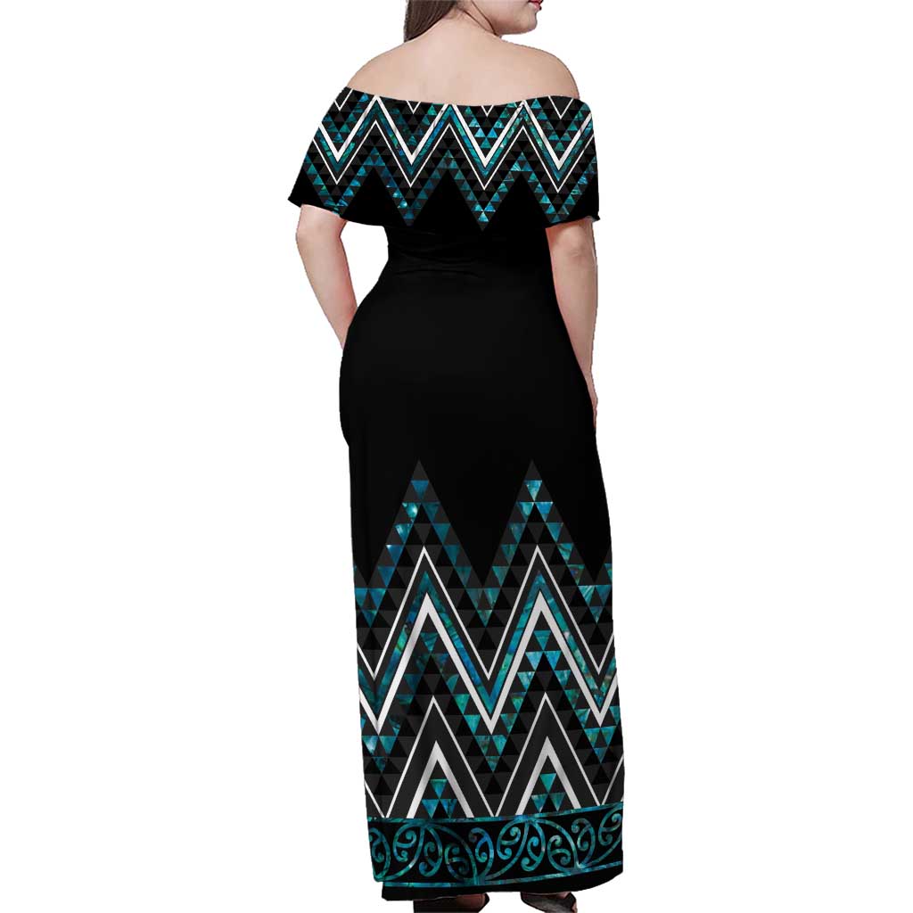 Paua Shell Aotearoa Mangopare Kowhaiwhai and Niho Taniwha Family Matching Off Shoulder Maxi Dress and Hawaiian Shirt Maori New Zealand
