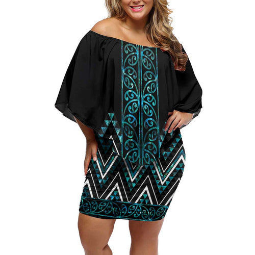 Paua Shell Aotearoa Mangopare Kowhaiwhai and Niho Taniwha Family Matching Off Shoulder Short Dress and Hawaiian Shirt Maori New Zealand