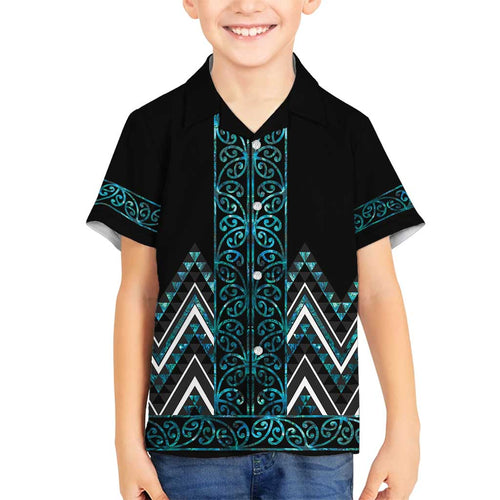 Paua Shell Aotearoa Mangopare Kowhaiwhai and Niho Taniwha Family Matching Puletasi and Hawaiian Shirt Maori New Zealand