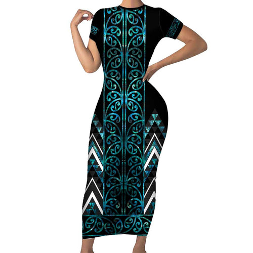 Paua Shell Aotearoa Mangopare Kowhaiwhai and Niho Taniwha Family Matching Short Sleeve Bodycon Dress and Hawaiian Shirt Maori New Zealand