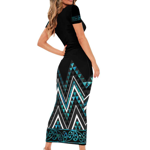 Paua Shell Aotearoa Mangopare Kowhaiwhai and Niho Taniwha Family Matching Short Sleeve Bodycon Dress and Hawaiian Shirt Maori New Zealand