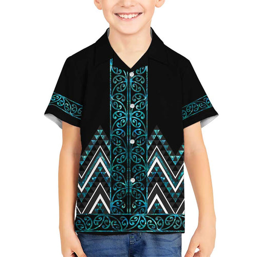 Paua Shell Aotearoa Mangopare Kowhaiwhai and Niho Taniwha Family Matching Short Sleeve Bodycon Dress and Hawaiian Shirt Maori New Zealand