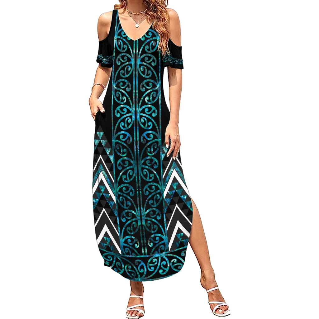Paua Shell Aotearoa Mangopare Kowhaiwhai and Niho Taniwha Family Matching Summer Maxi Dress and Hawaiian Shirt Maori New Zealand