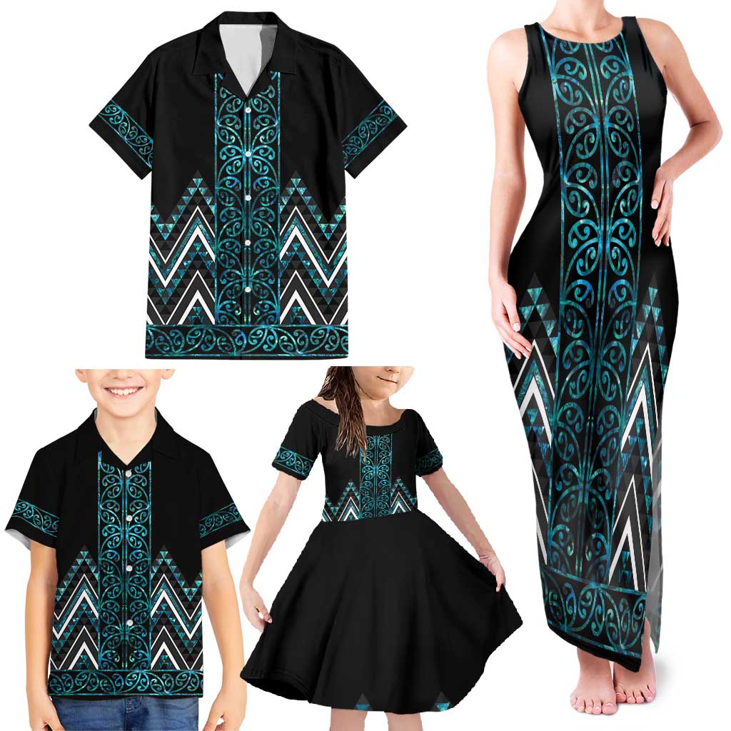 Paua Shell Aotearoa Mangopare Kowhaiwhai and Niho Taniwha Family Matching Tank Maxi Dress and Hawaiian Shirt Maori New Zealand