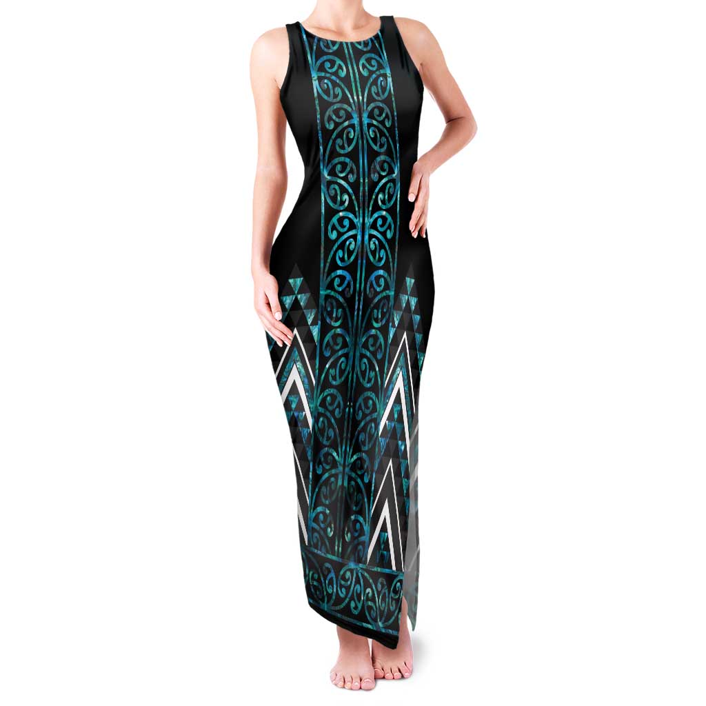Paua Shell Aotearoa Mangopare Kowhaiwhai and Niho Taniwha Family Matching Tank Maxi Dress and Hawaiian Shirt Maori New Zealand