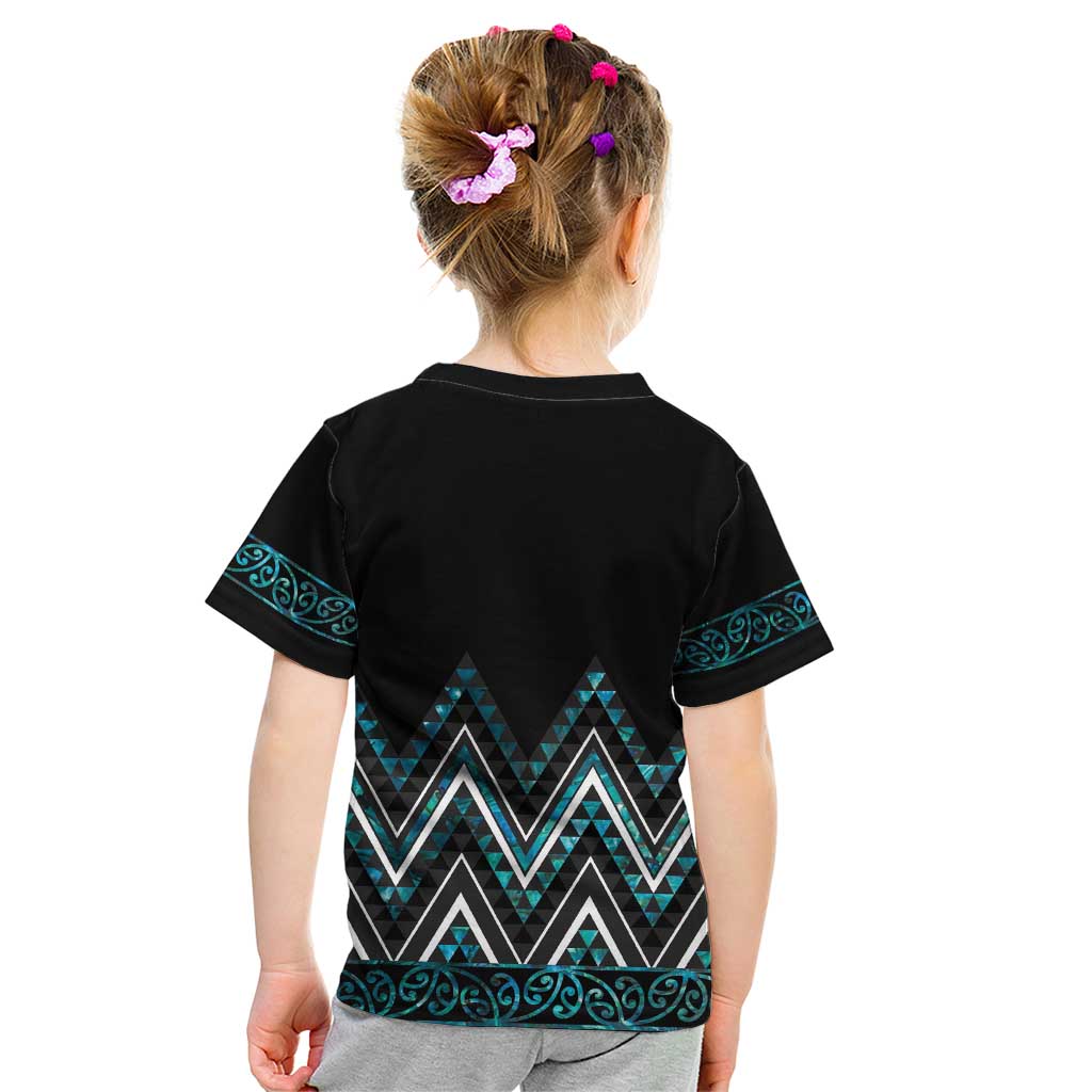 Paua Shell Aotearoa Mangopare Kowhaiwhai and Niho Taniwha Kid T Shirt Maori New Zealand