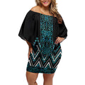 Paua Shell Aotearoa Mangopare Kowhaiwhai and Niho Taniwha Off Shoulder Short Dress Maori New Zealand