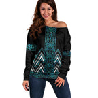 Paua Shell Aotearoa Mangopare Kowhaiwhai and Niho Taniwha Off Shoulder Sweater Maori New Zealand
