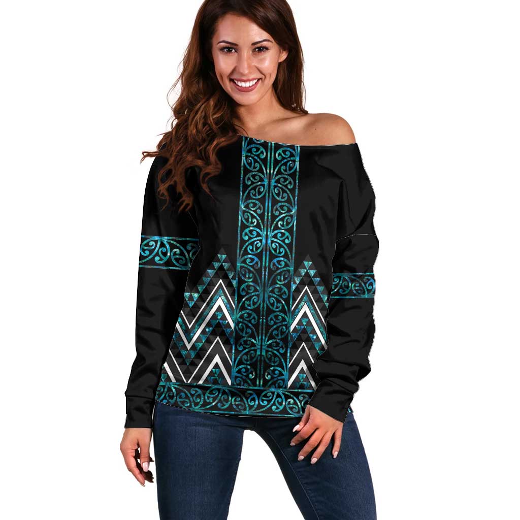 Paua Shell Aotearoa Mangopare Kowhaiwhai and Niho Taniwha Off Shoulder Sweater Maori New Zealand