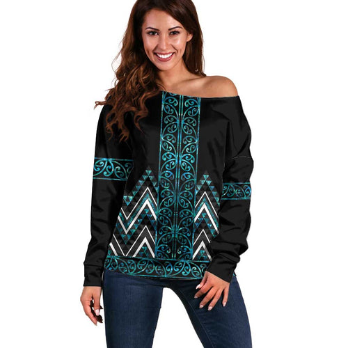 Paua Shell Aotearoa Mangopare Kowhaiwhai and Niho Taniwha Off Shoulder Sweater Maori New Zealand