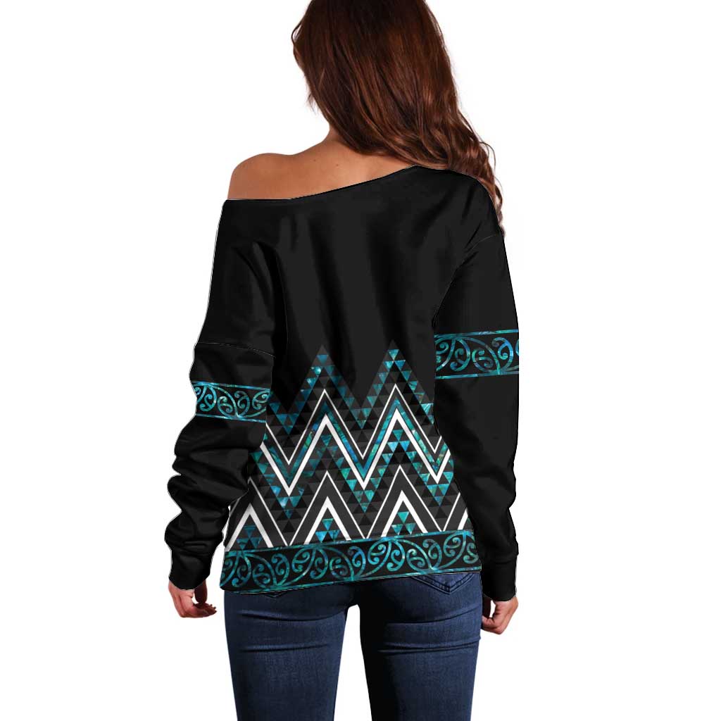 Paua Shell Aotearoa Mangopare Kowhaiwhai and Niho Taniwha Off Shoulder Sweater Maori New Zealand