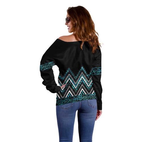 Paua Shell Aotearoa Mangopare Kowhaiwhai and Niho Taniwha Off Shoulder Sweater Maori New Zealand