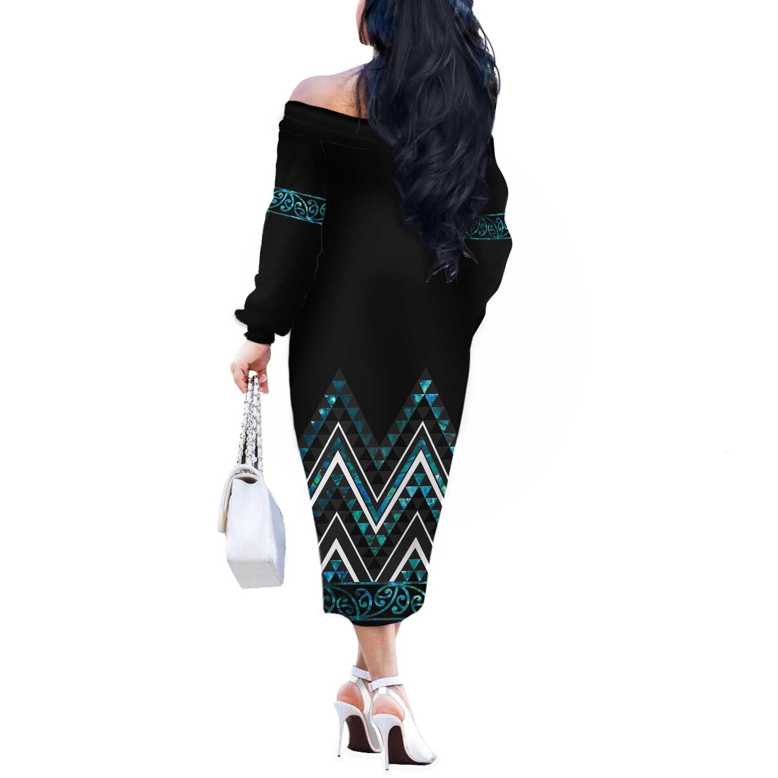 Paua Shell Aotearoa Mangopare Kowhaiwhai and Niho Taniwha Off The Shoulder Long Sleeve Dress Maori New Zealand