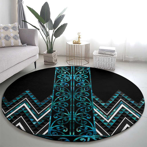 Paua Shell Aotearoa Mangopare Kowhaiwhai and Niho Taniwha Round Carpet Maori New Zealand