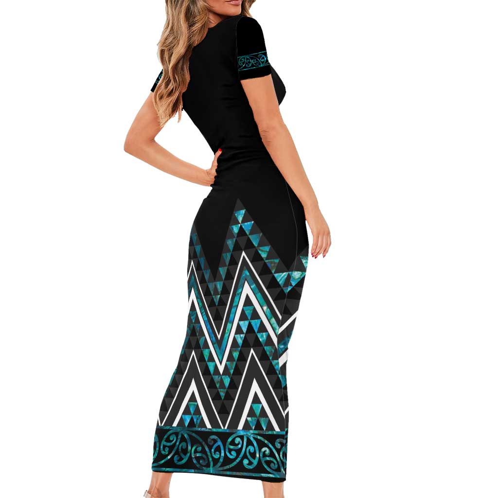 Paua Shell Aotearoa Mangopare Kowhaiwhai and Niho Taniwha Short Sleeve Bodycon Dress Maori New Zealand