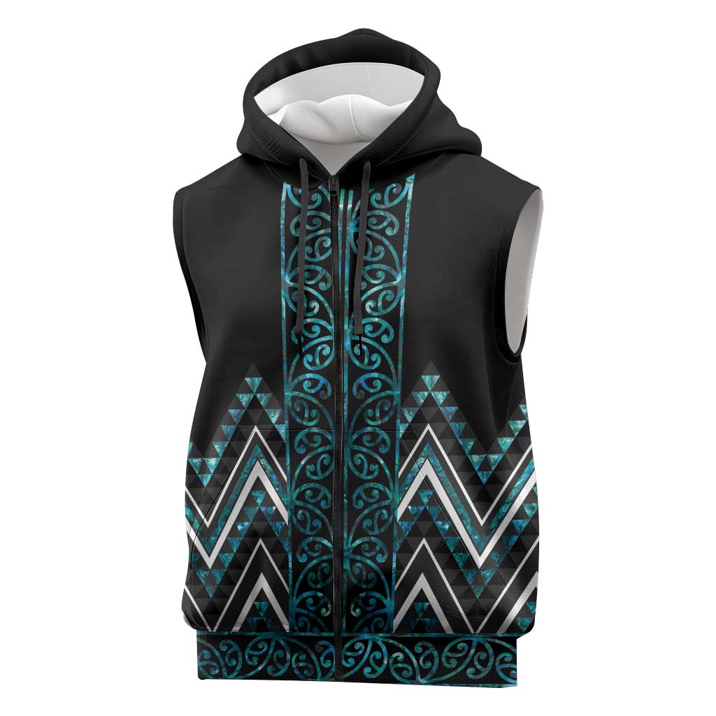 Paua Shell Aotearoa Mangopare Kowhaiwhai Niho Taniwha Sleeveless Zip Hoodie Maori New Zealand LT14