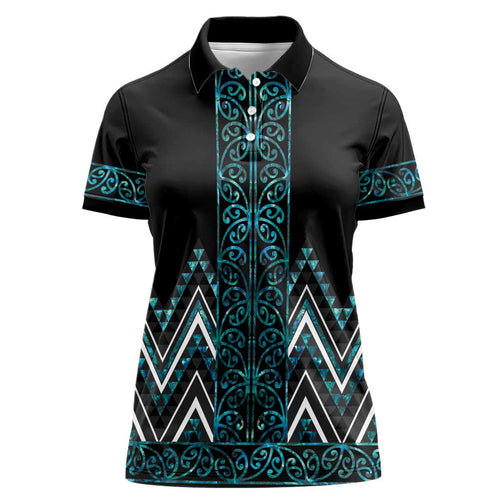 Paua Shell Aotearoa Mangopare Kowhaiwhai and Niho Taniwha Women Polo Shirt Maori New Zealand