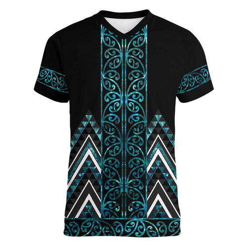 Paua Shell Aotearoa Mangopare Kowhaiwhai and Niho Taniwha Women V-Neck T-Shirt Maori New Zealand