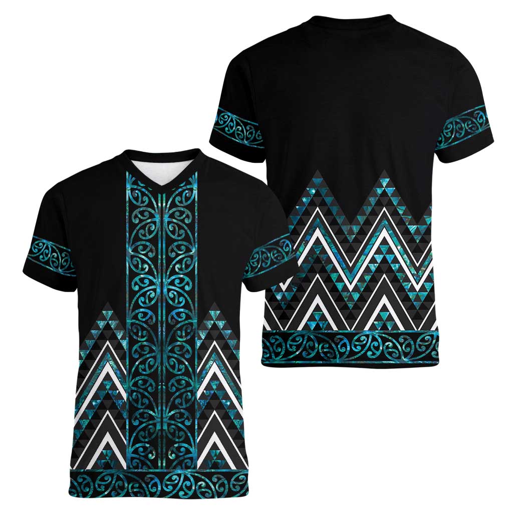 Paua Shell Aotearoa Mangopare Kowhaiwhai and Niho Taniwha Women V-Neck T-Shirt Maori New Zealand