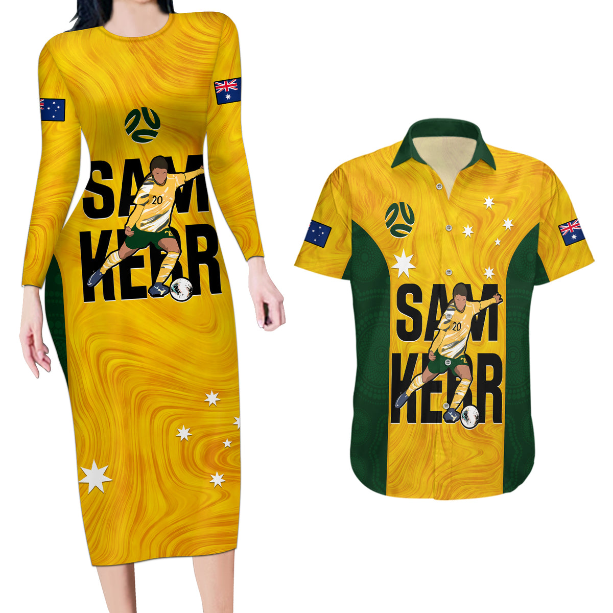 australia-soccer-couples-matching-long-sleeve-bodycon-dress-and-hawaiian-shirt-sam-kerr-matildas-proud-2023-world-cup-yellow