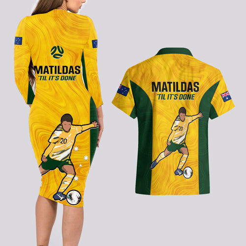 australia-soccer-couples-matching-long-sleeve-bodycon-dress-and-hawaiian-shirt-sam-kerr-matildas-proud-2023-world-cup-yellow