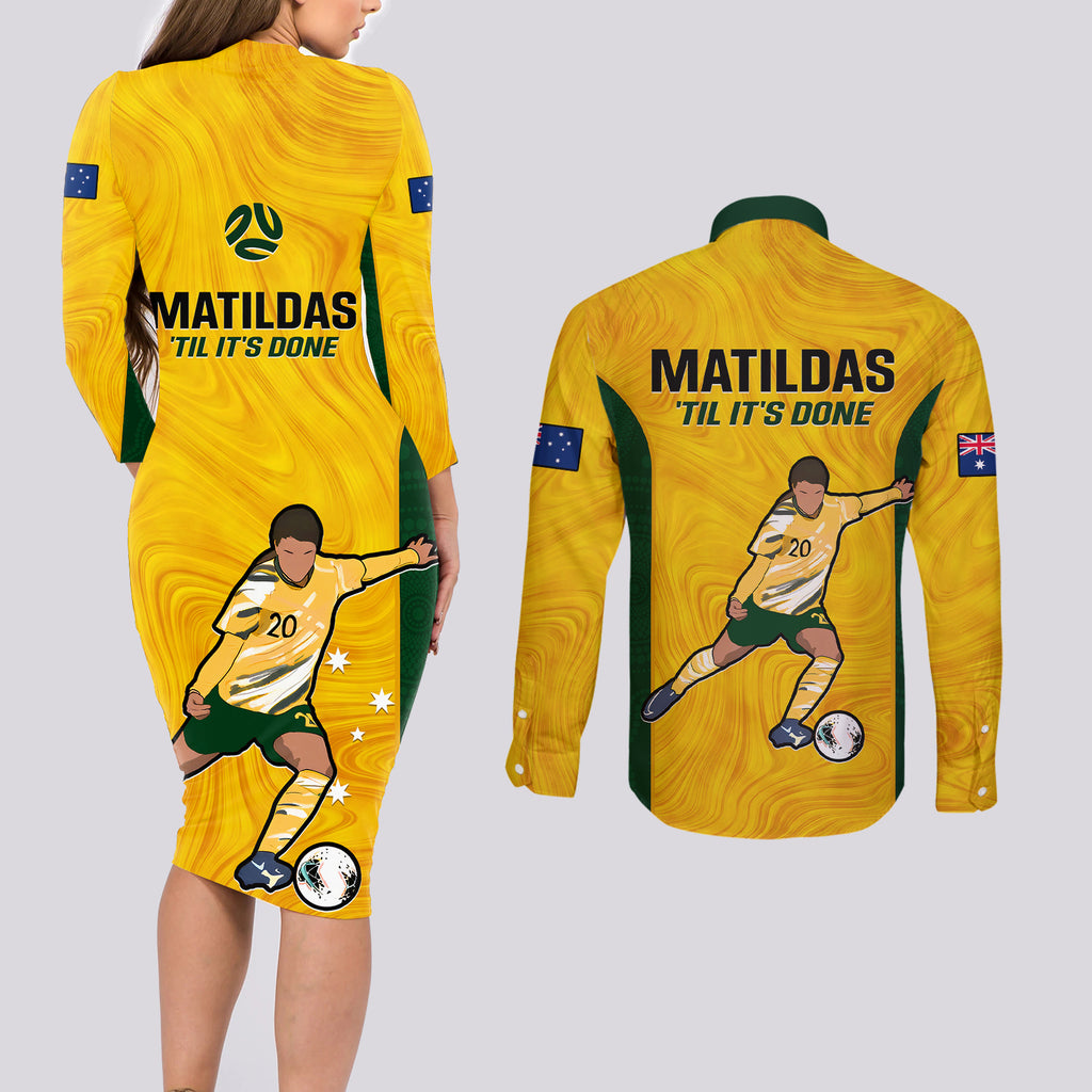 australia-soccer-couples-matching-long-sleeve-bodycon-dress-and-long-sleeve-button-shirts-sam-kerr-matildas-proud-2023-world-cup-yellow