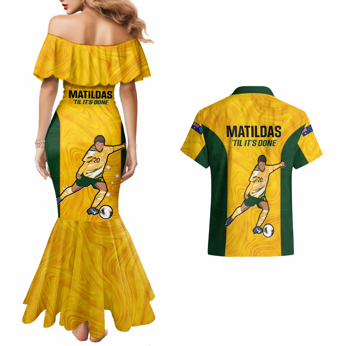 australia-soccer-couples-matching-mermaid-dress-and-hawaiian-shirt-sam-kerr-matildas-proud-2023-world-cup-yellow
