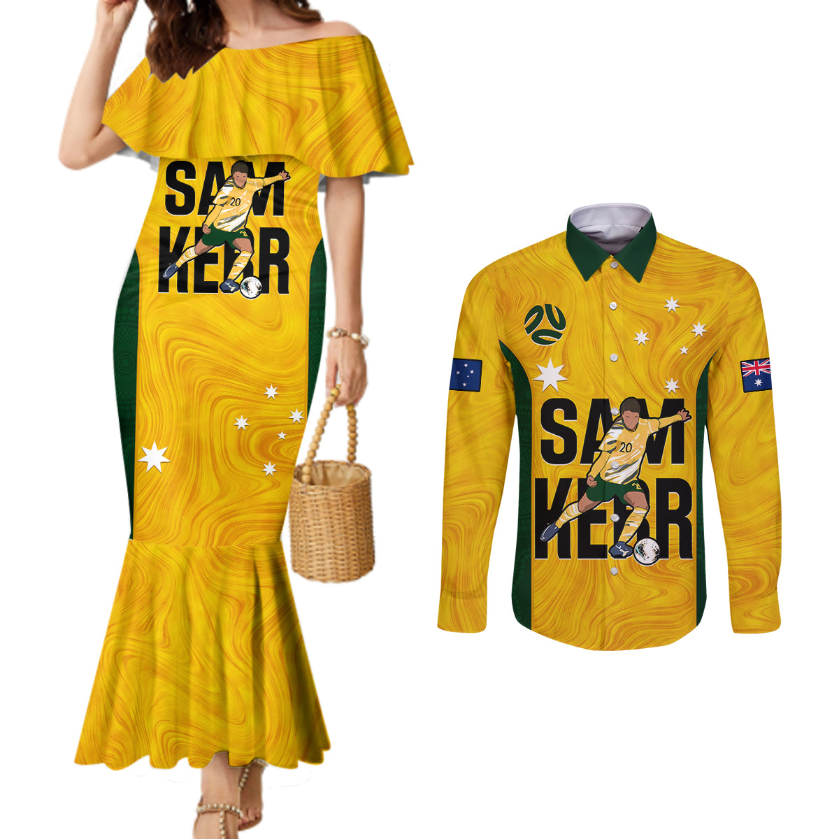 australia-soccer-couples-matching-mermaid-dress-and-long-sleeve-button-shirts-sam-kerr-matildas-proud-2023-world-cup-yellow