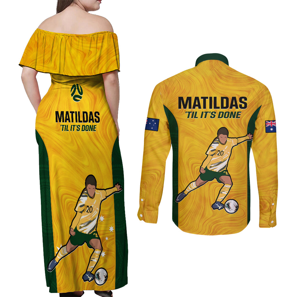 australia-soccer-couples-matching-off-shoulder-maxi-dress-and-long-sleeve-button-shirts-sam-kerr-matildas-proud-2023-world-cup-yellow