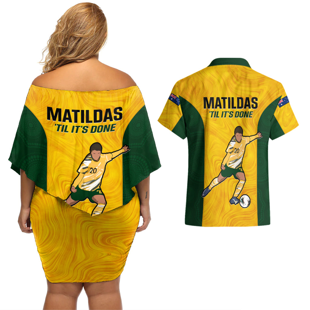 australia-soccer-couples-matching-off-shoulder-short-dress-and-hawaiian-shirt-sam-kerr-matildas-proud-2023-world-cup-yellow