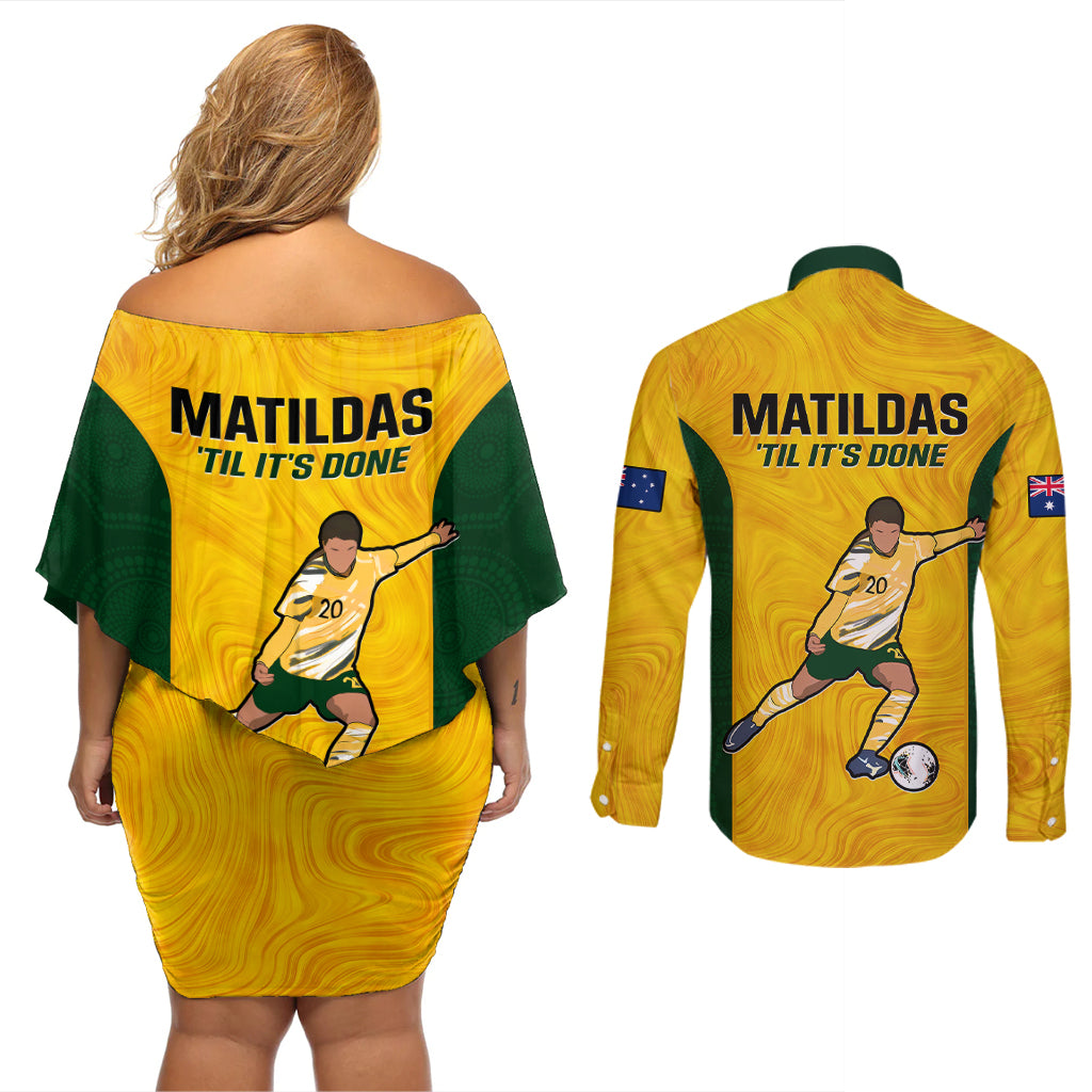 australia-soccer-couples-matching-off-shoulder-short-dress-and-long-sleeve-button-shirts-sam-kerr-matildas-proud-2023-world-cup-yellow