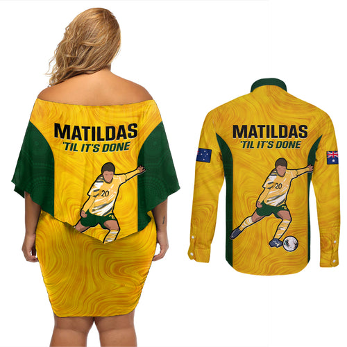 australia-soccer-couples-matching-off-shoulder-short-dress-and-long-sleeve-button-shirts-sam-kerr-matildas-proud-2023-world-cup-yellow