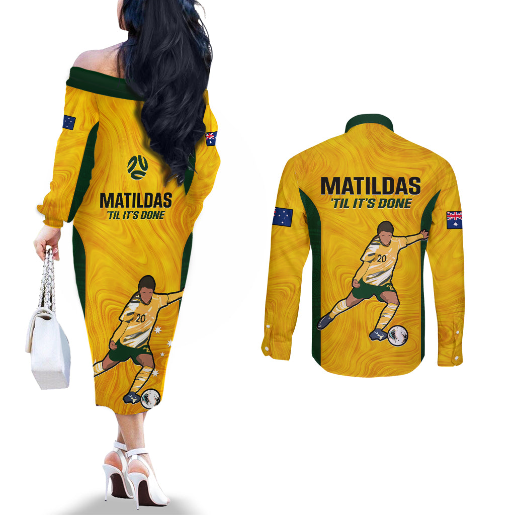 australia-soccer-couples-matching-off-the-shoulder-long-sleeve-dress-and-long-sleeve-button-shirts-sam-kerr-matildas-proud-2023-world-cup-yellow