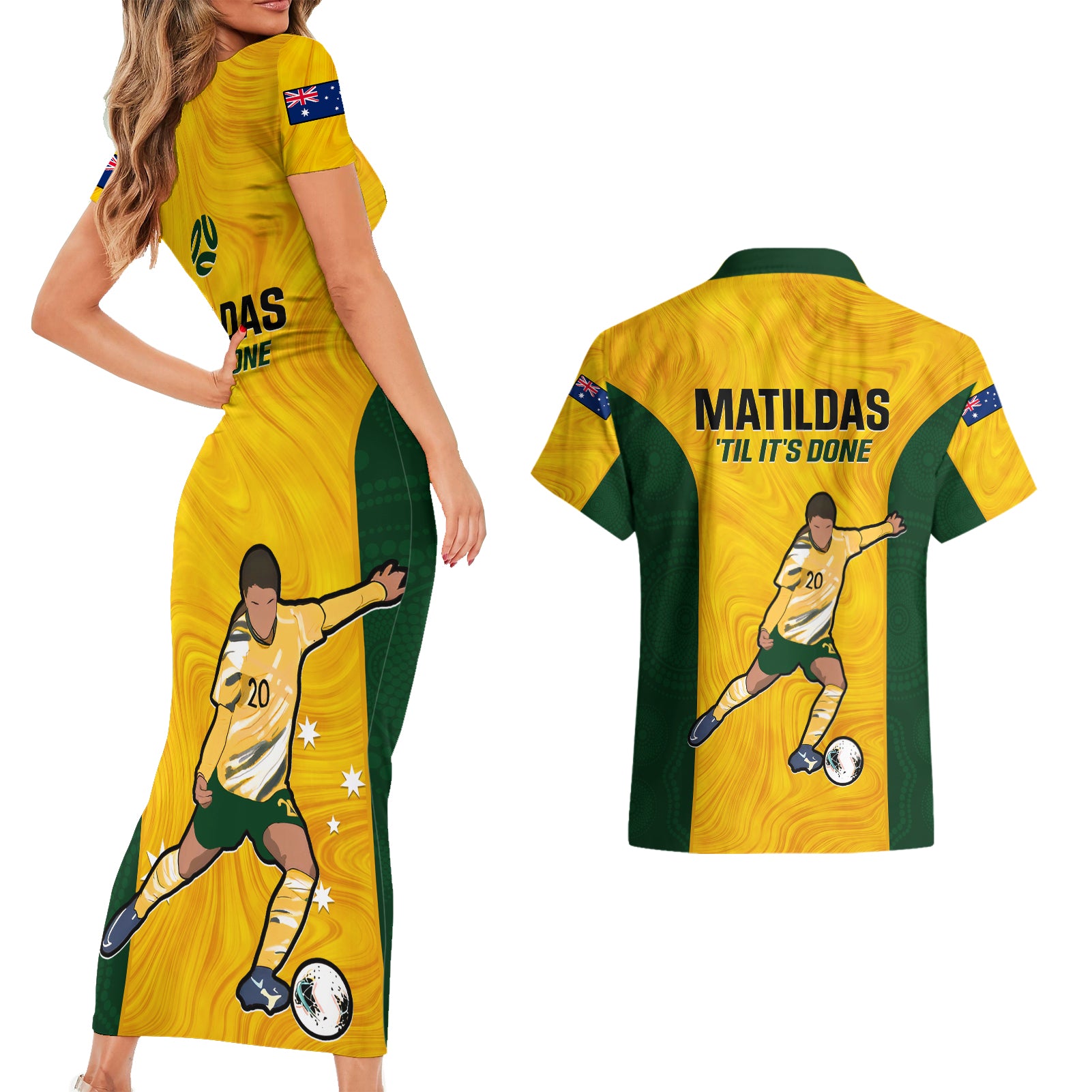 australia-soccer-couples-matching-short-sleeve-bodycon-dress-and-hawaiian-shirt-sam-kerr-matildas-proud-2023-world-cup-yellow