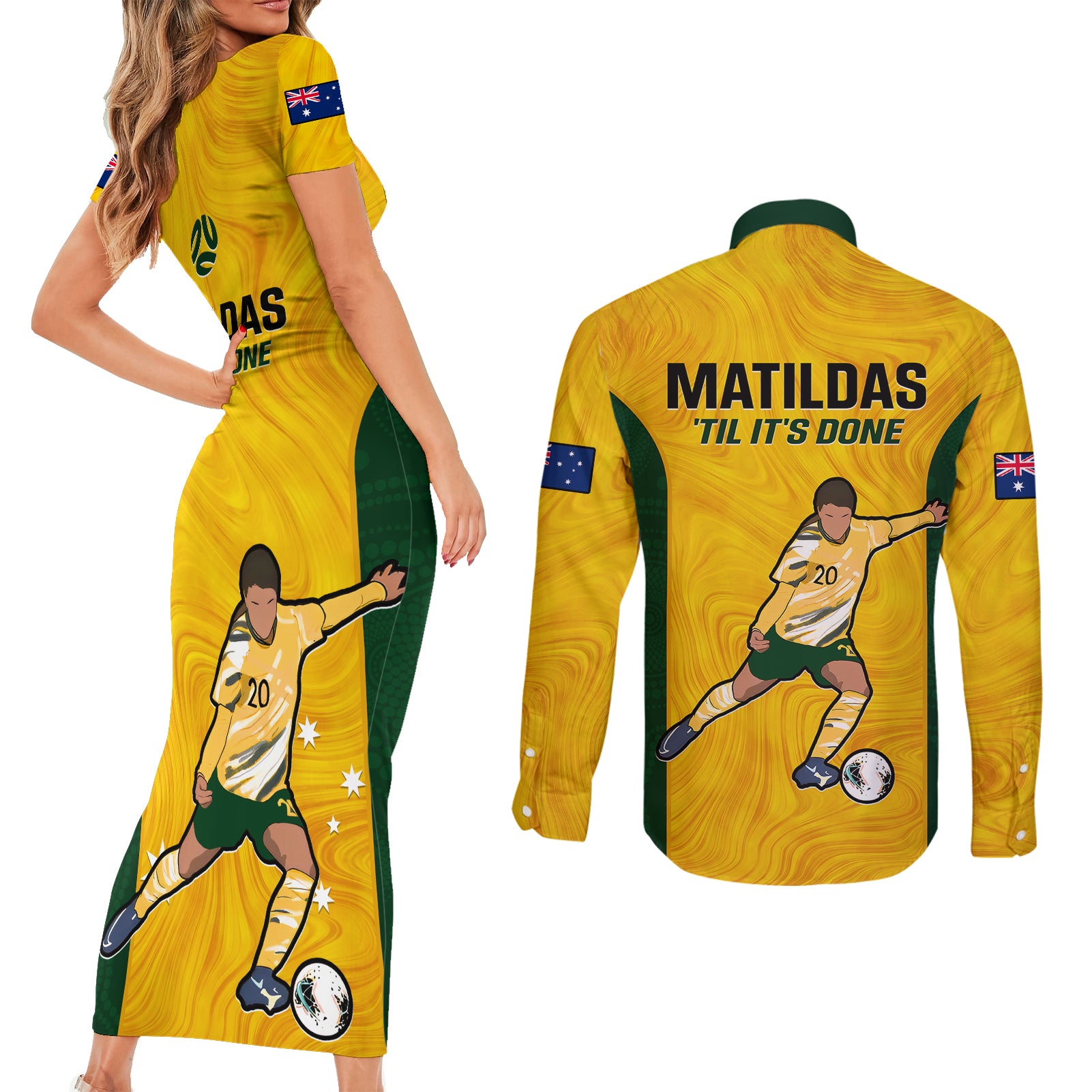 australia-soccer-couples-matching-short-sleeve-bodycon-dress-and-long-sleeve-button-shirts-sam-kerr-matildas-proud-2023-world-cup-yellow