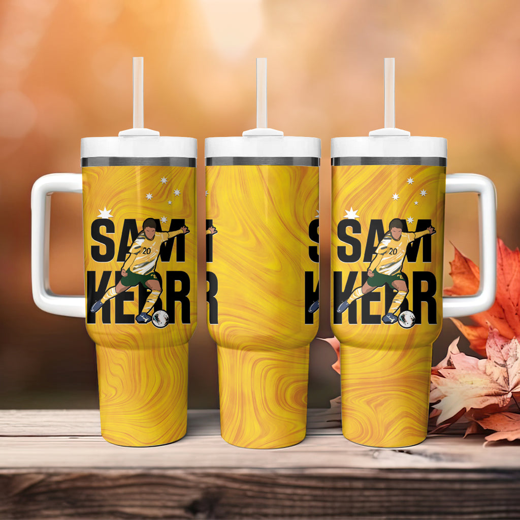 Australia Soccer Tumbler With Handle Sam Kerr Matildas Proud Yellow