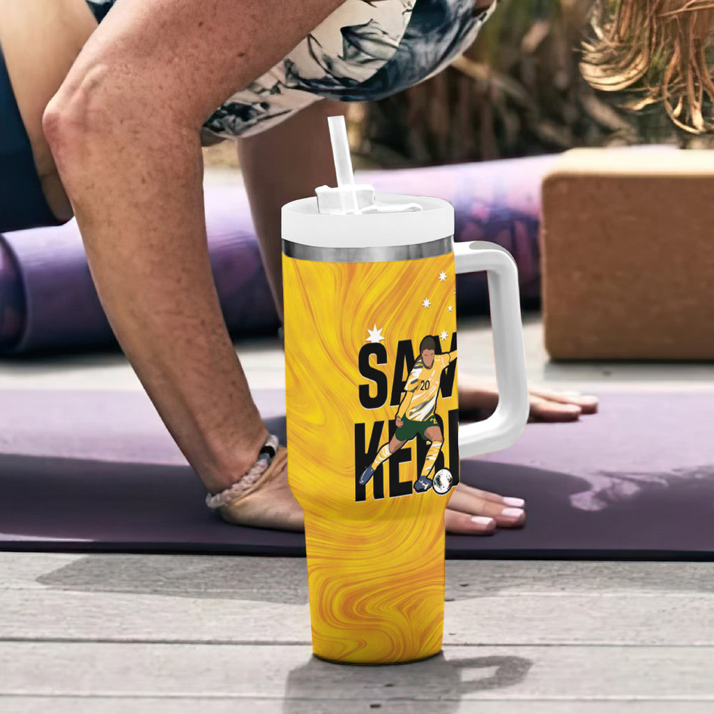 Australia Soccer Tumbler With Handle Sam Kerr Matildas Proud Yellow