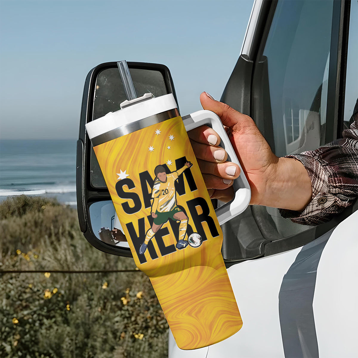 Australia Soccer Tumbler With Handle Sam Kerr Matildas Proud Yellow