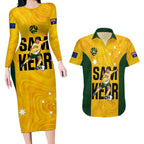 custom-australia-soccer-couples-matching-long-sleeve-bodycon-dress-and-hawaiian-shirt-sam-kerr-matildas-proud-2023-world-cup-yellow