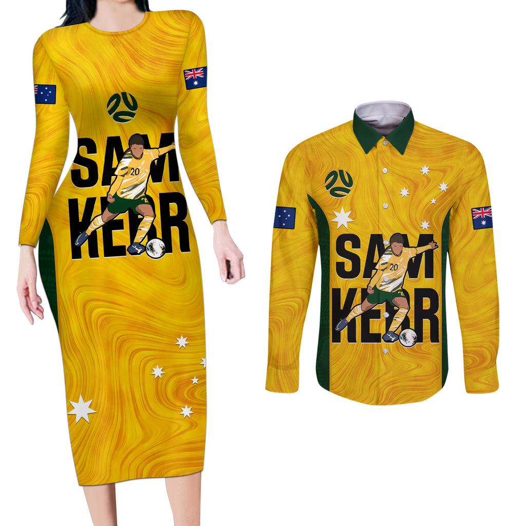 custom-australia-soccer-couples-matching-long-sleeve-bodycon-dress-and-long-sleeve-button-shirts-sam-kerr-matildas-proud-2023-world-cup-yellow