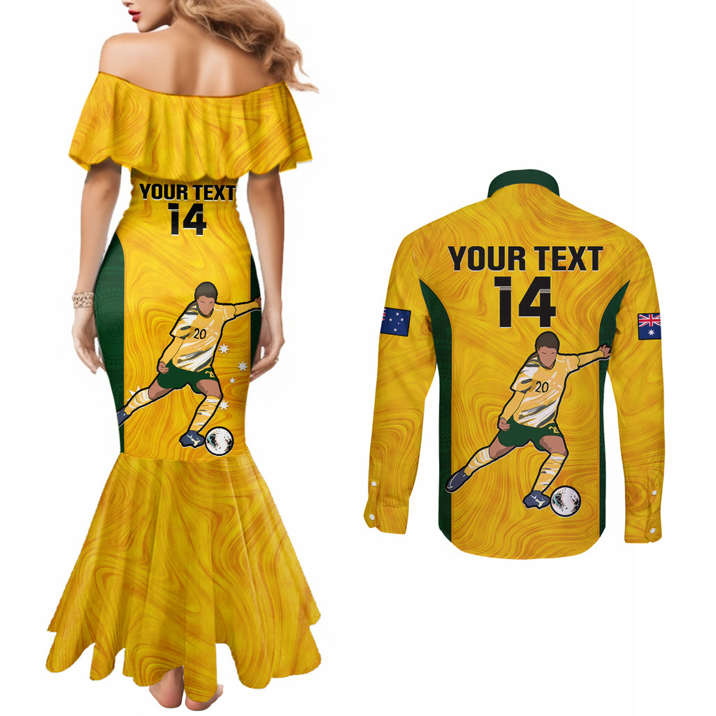 custom-australia-soccer-couples-matching-mermaid-dress-and-long-sleeve-button-shirts-sam-kerr-matildas-proud-2023-world-cup-yellow