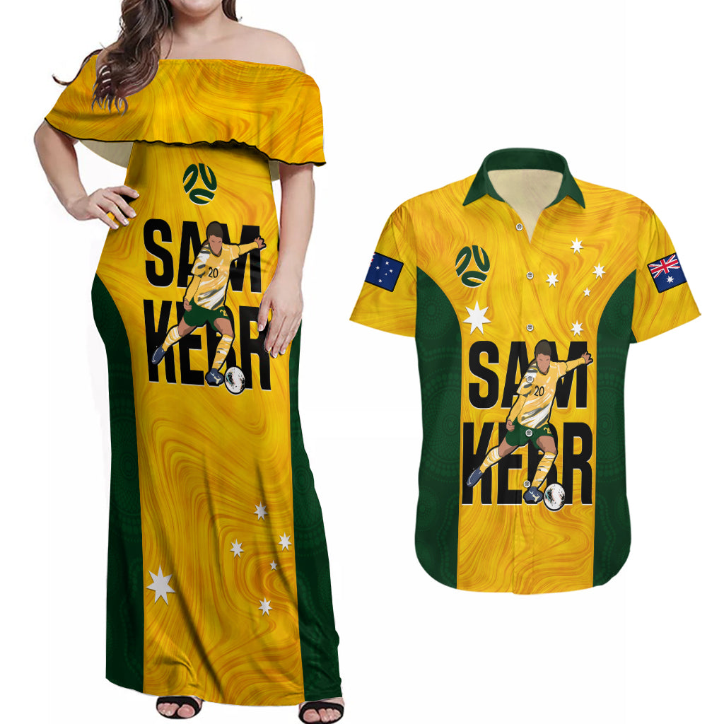 custom-australia-soccer-couples-matching-off-shoulder-maxi-dress-and-hawaiian-shirt-sam-kerr-matildas-proud-2023-world-cup-yellow