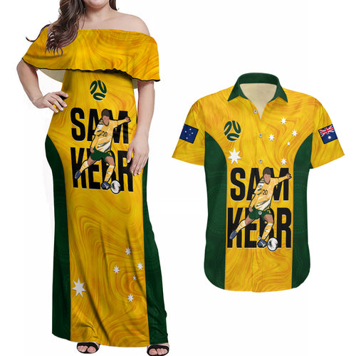 custom-australia-soccer-couples-matching-off-shoulder-maxi-dress-and-hawaiian-shirt-sam-kerr-matildas-proud-2023-world-cup-yellow