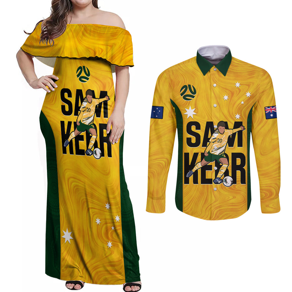 custom-australia-soccer-couples-matching-off-shoulder-maxi-dress-and-long-sleeve-button-shirts-sam-kerr-matildas-proud-2023-world-cup-yellow