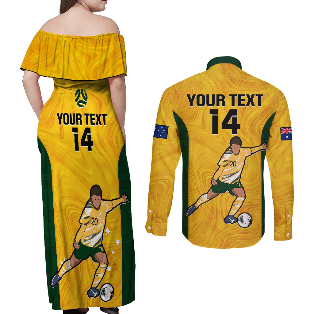custom-australia-soccer-couples-matching-off-shoulder-maxi-dress-and-long-sleeve-button-shirts-sam-kerr-matildas-proud-2023-world-cup-yellow