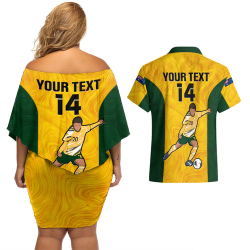 custom-australia-soccer-couples-matching-off-shoulder-short-dress-and-hawaiian-shirt-sam-kerr-matildas-proud-2023-world-cup-yellow